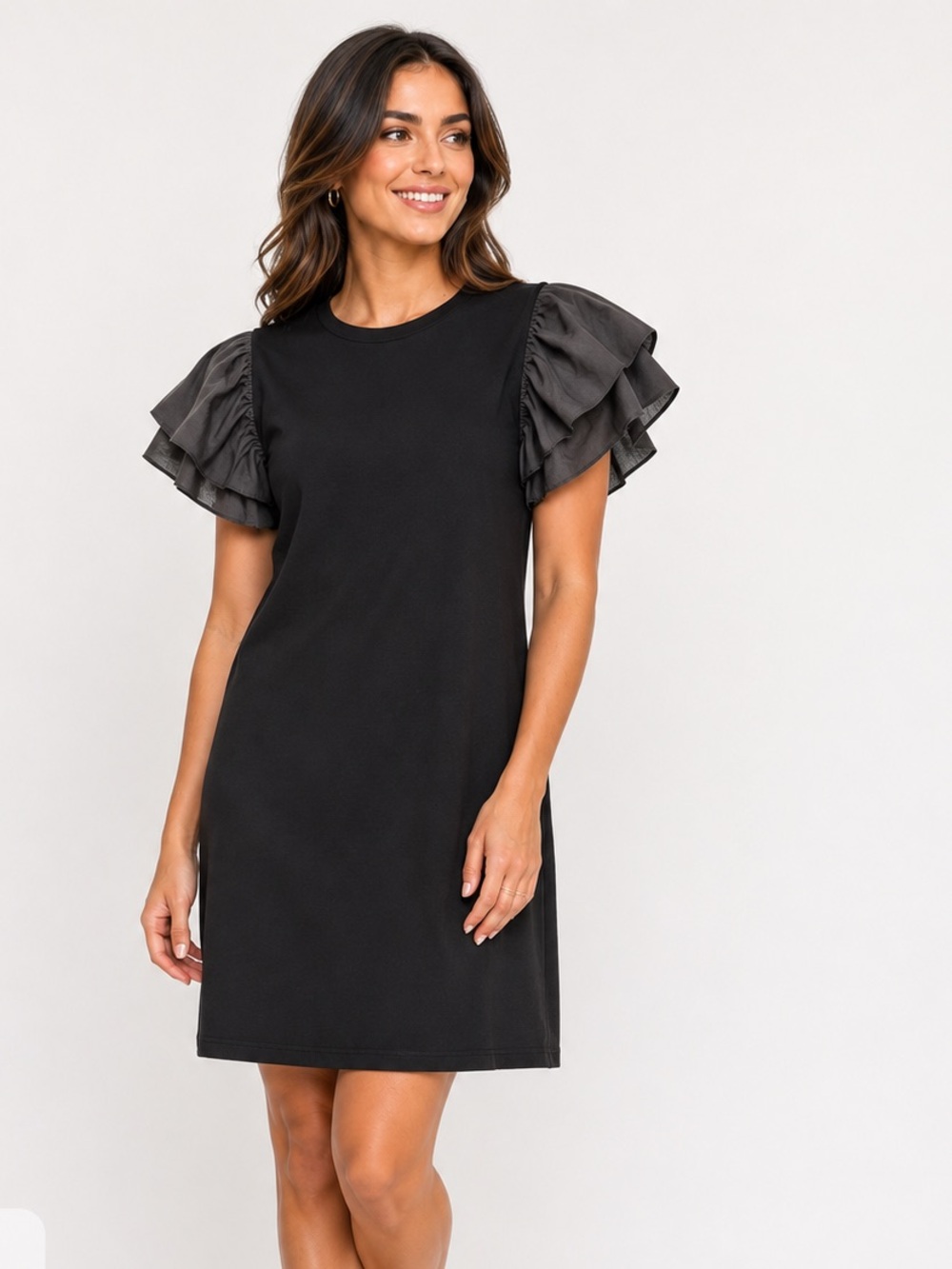Miou Muse Ribbed Mini Dress Black Ruffle Sleeve Bodycon Size Small